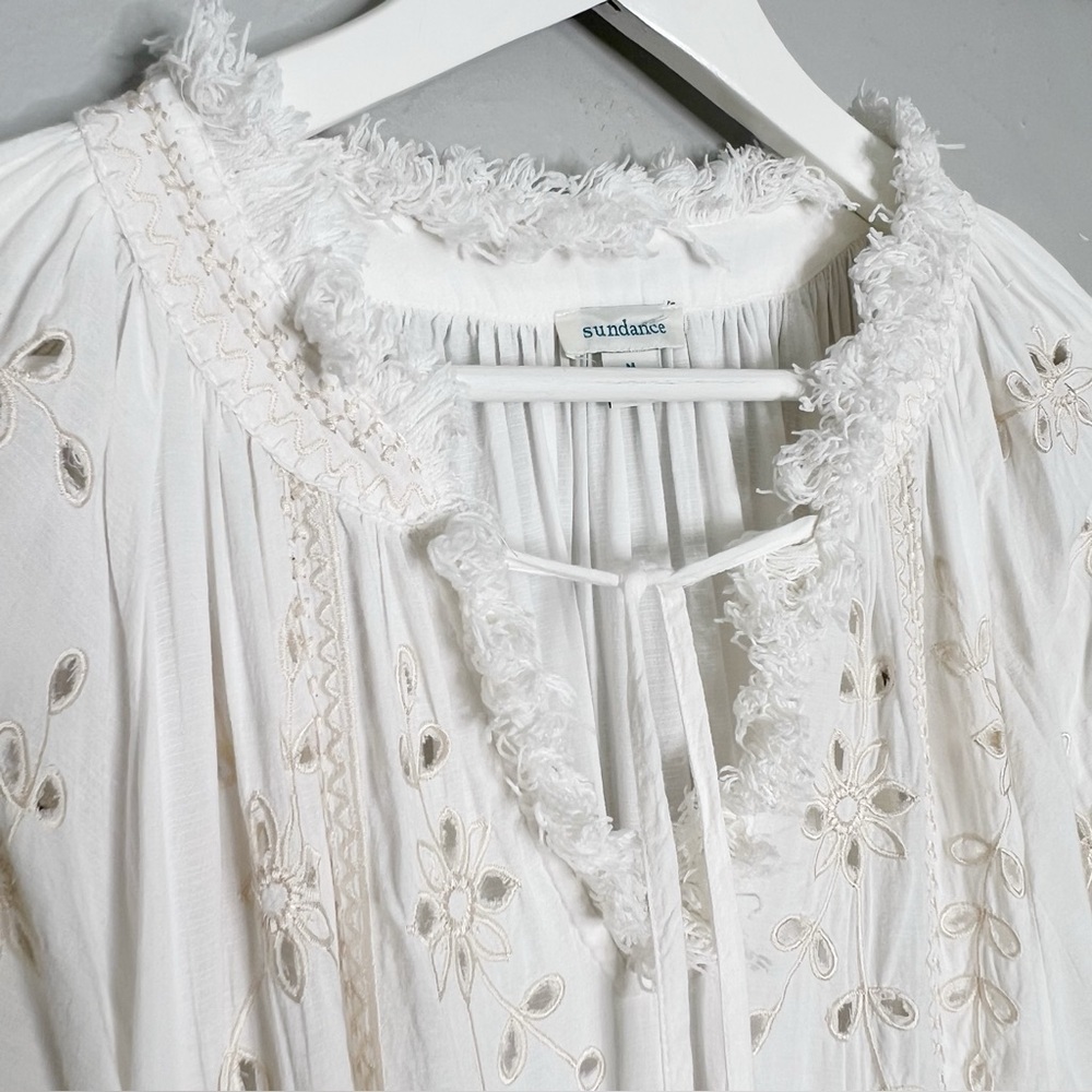Sundance Trisha Eyelet White Fringe Trim V-Neck Tassel Tie CoverUp Dress Medium - Picture 8 of 11